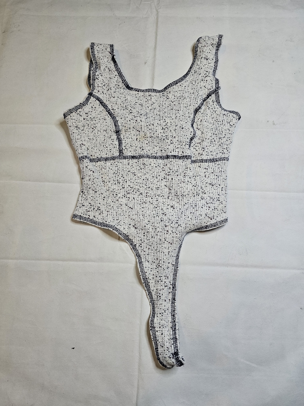 Y2K Women’s Ribbed Tank Thong Bodysuit in Cream with Black Trim